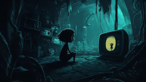 Lonely child quietly studies a glowing screen in eerie ruins