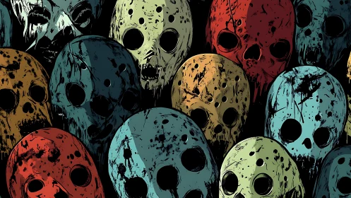 Paint-splattered skull masks crowd in chaotic neon gloom.