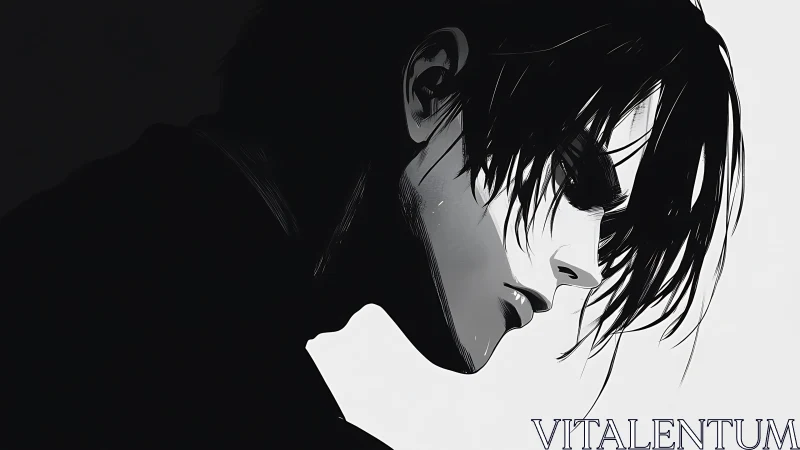 Monochrome side profile of long haired figure in shadow.