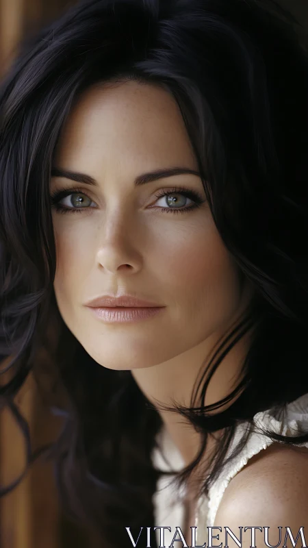 Portrait captures intense gaze of woman with dark wavy hair