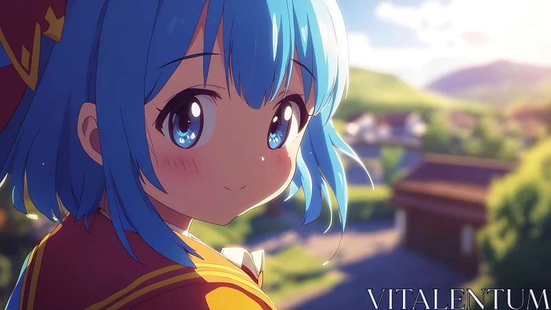 Blue‑haired village dreamer glows in soft summer sunlight.