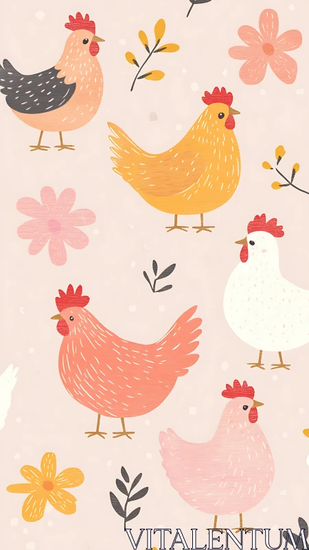Pastoral Poultry: Illustrated Farm Hens with Botanical Motifs.