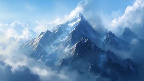 Snow-covered mountain range above clouds in soft light.