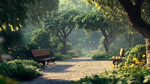 Sunlit garden pathway with benches under leafy arches.