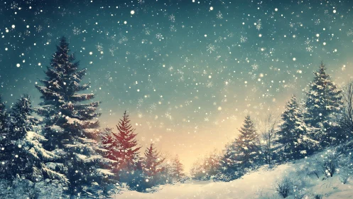 Snowfall threads twilight light across a quiet winter forest