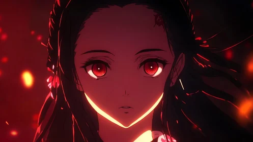 Fiery-eyed anime girl emerges from glowing ember darkness.