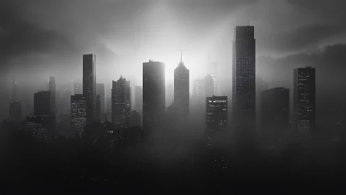 Dense high-rise skyline is partially obscured by low fog