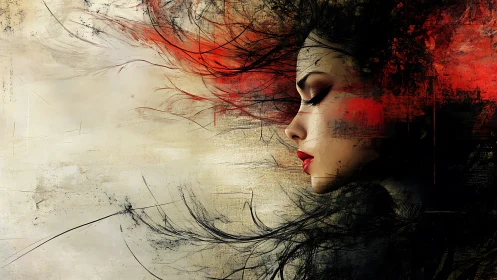 Silent profile of a painted woman dissolving into red mist