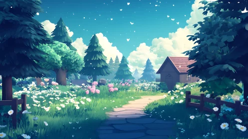 Sunlit stylized forest path leads to a rustic wooden cottage