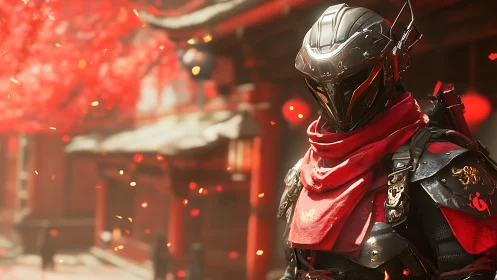 Futuristic crimson ronin pausing beneath drifting embers.