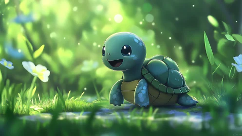Sunlit turtle hatchling strolls through dreamy forest glade.