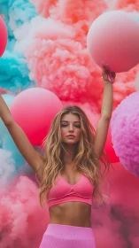 Woman in pink sportswear amid colorful smoke clouds.