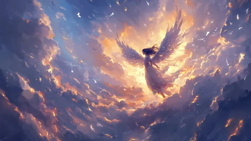 Winged figure rises through radiant clouds at sunset