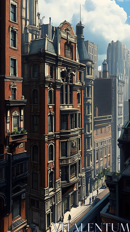 Sunlit historic city street framed by ornate brick facades.