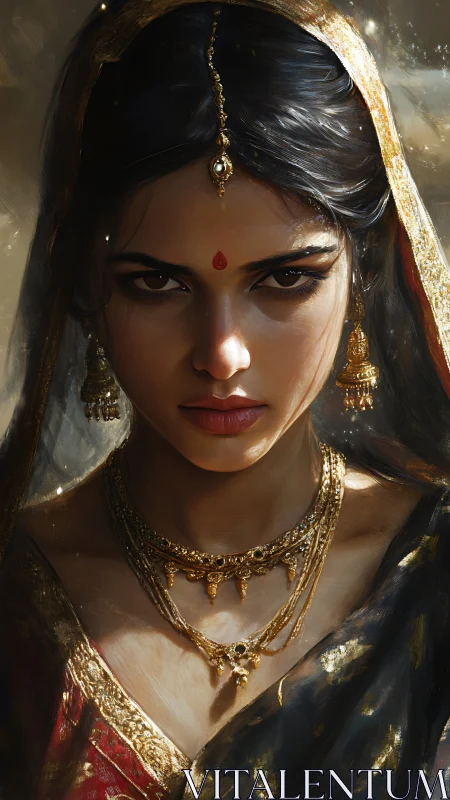 Regal Indian woman stares fiercely in ornate golden finery.