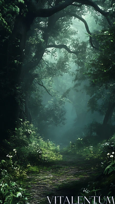 Dense forest pathway with atmospheric light diffusion through canopy