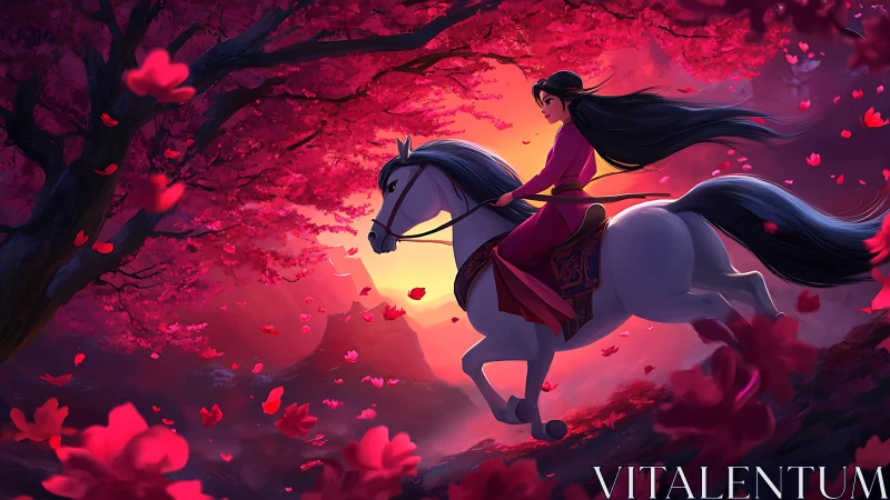 Female rider on white horse under red blossom canopy at dusk.