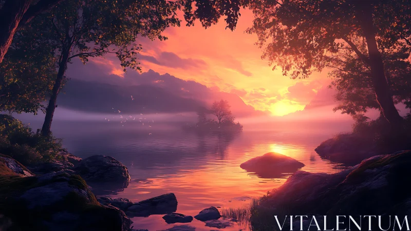 Twilight lake glows in ember skies and whispering mist.