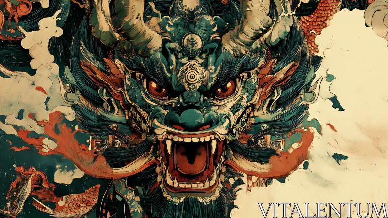 Mythic dragon demon roars amid swirling elemental chaos.