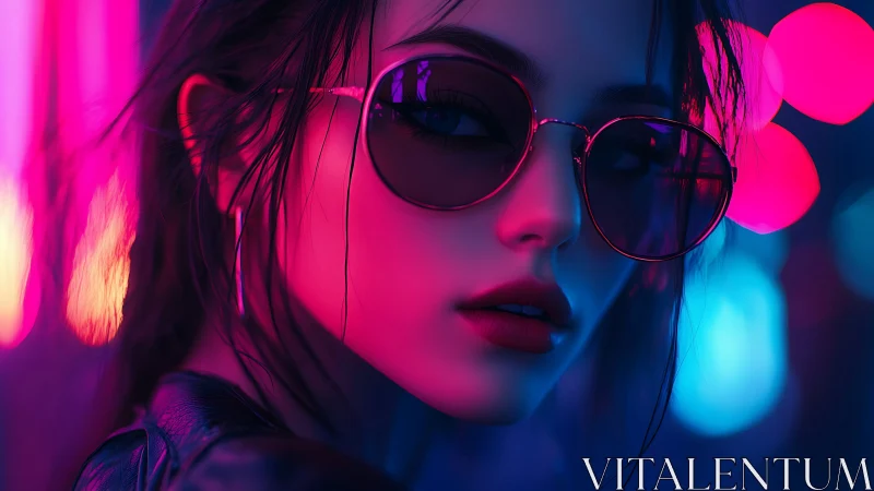Portrait of woman in neon light with tinted sunglasses.