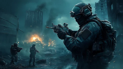 Tactical soldier advances through burning urban warzone at night