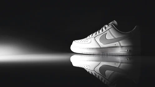 Studio-lit white sneaker with reflective surface and high contrast.