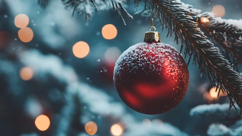 Snow kissed red ornament glowing on a cozy winter tree.