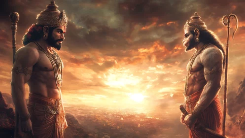 Mythic dual Hanuman avatars in sunset-grade digital chiaroscuro.