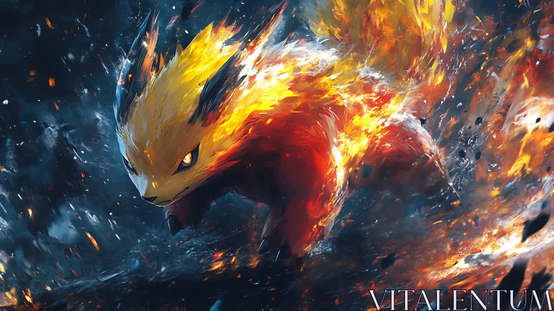 Fire creature in dynamic motion within abstract flames.