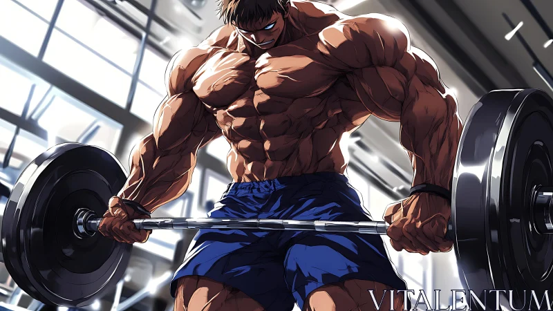Muscular anime athlete powers heavy barbell curl in gym