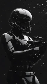 Armored sci fi soldier in glossy black suit holding rifle.