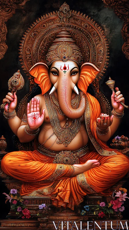 Ornate seated deity in glowing orange robes and gold aura.