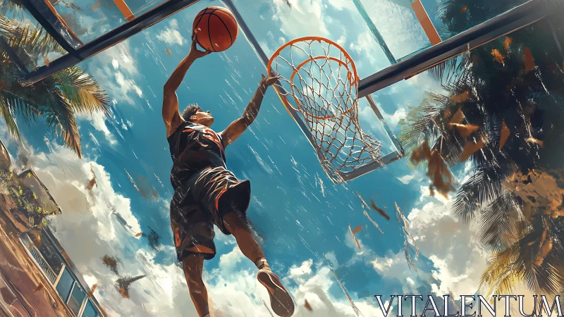 Basketball player executes upward layup toward outdoor hoop