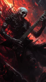 Skull-faced metal guitarist shredding through molten fire.
