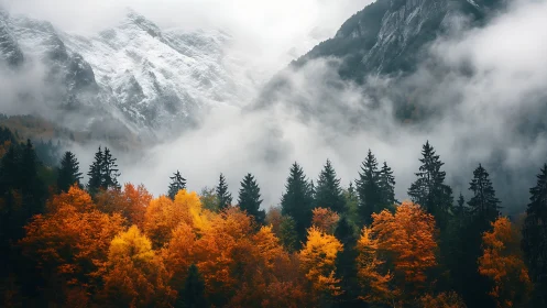 Golden autumn forest cuddled beneath misty peaks.