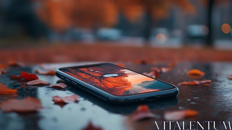 Smartphone on Wet Ground with Autumn Leaves.