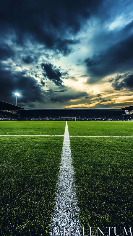 Stormlit soccer field waiting quietly for kickoff magic.