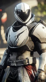 Armored sci-fi sentry in high-gloss composite exosuit stance