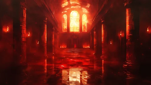 Fiery cathedral hall glows under blazing infernal light.