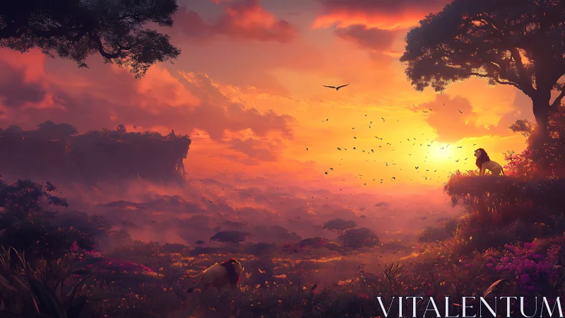 Sunset light defines stylized savanna landscape with lions