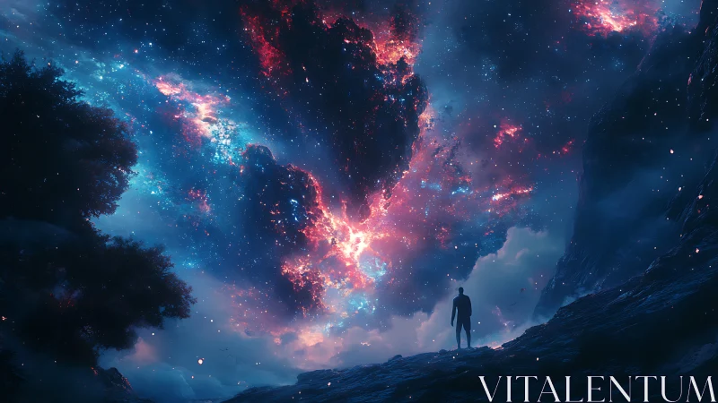 Lone silhouette watches cosmic nebula ignite night sky.