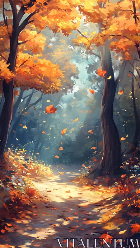 Autumn Forest Path With Falling Leaves