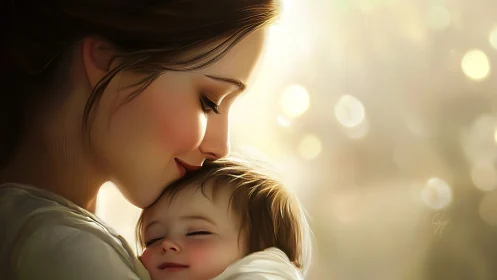 Mother's Tender Moment with Sleeping Infant in Warm Light