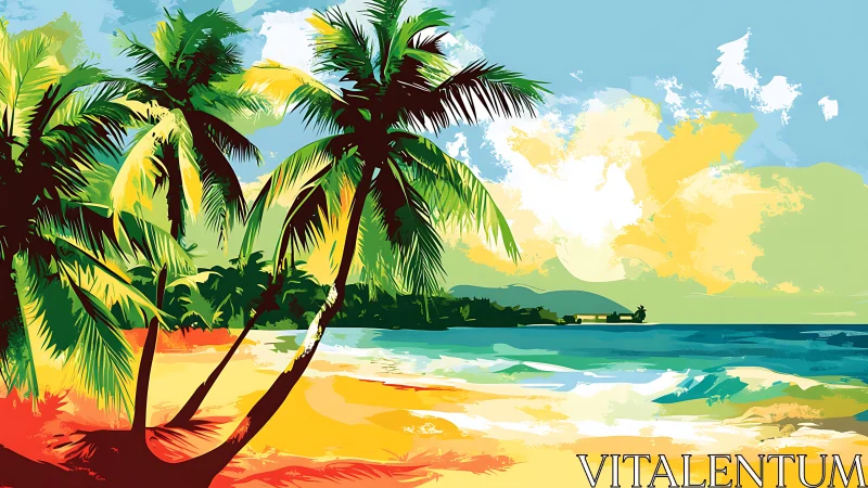 High-saturation tropical shoreline with stylized palm canopy