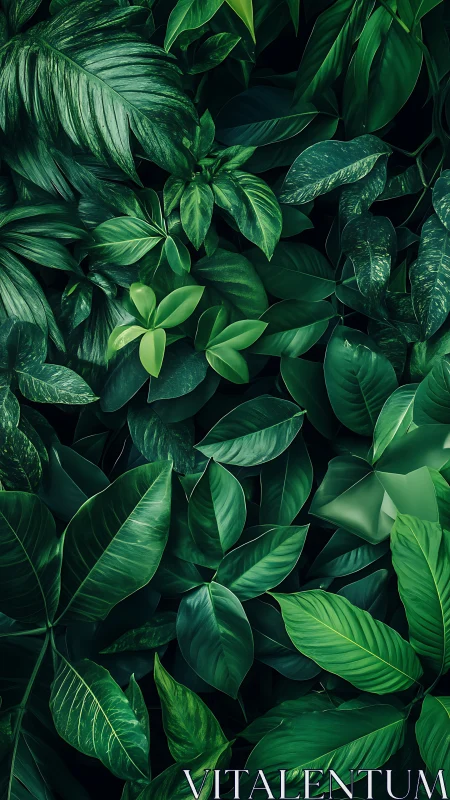 Emerald jungle tapestry of layered tropical leaves in shadow.