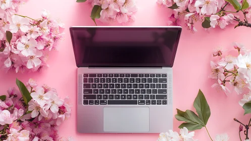 Open laptop on pink surface with surrounding cherry blossoms.