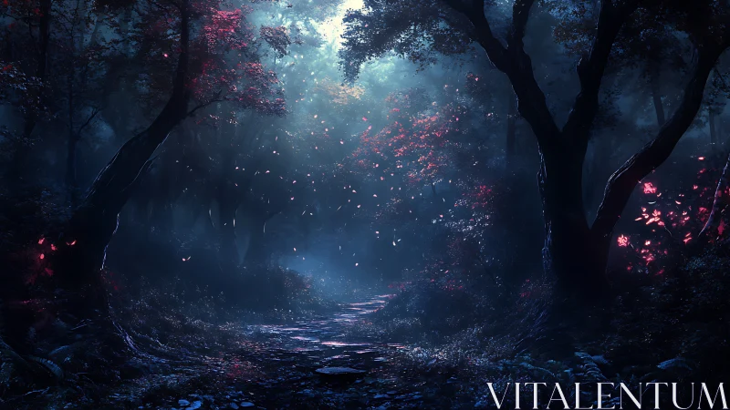 Bioluminescent forest pathway with particulate atmospheric conditions.