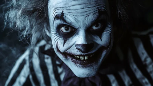 Sinister clown portrait shows eerie grin under cold light