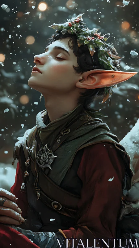 Winter elf portrait in contemplative profile, digital painting.