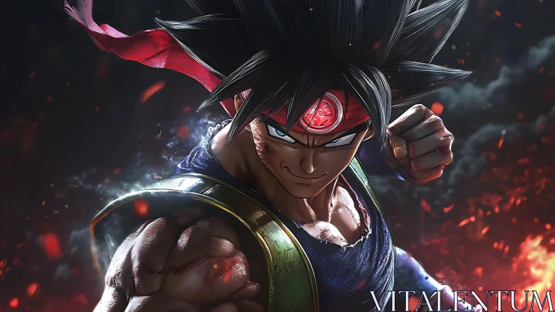 Fiery anime warrior stands ready with fierce determined gaze